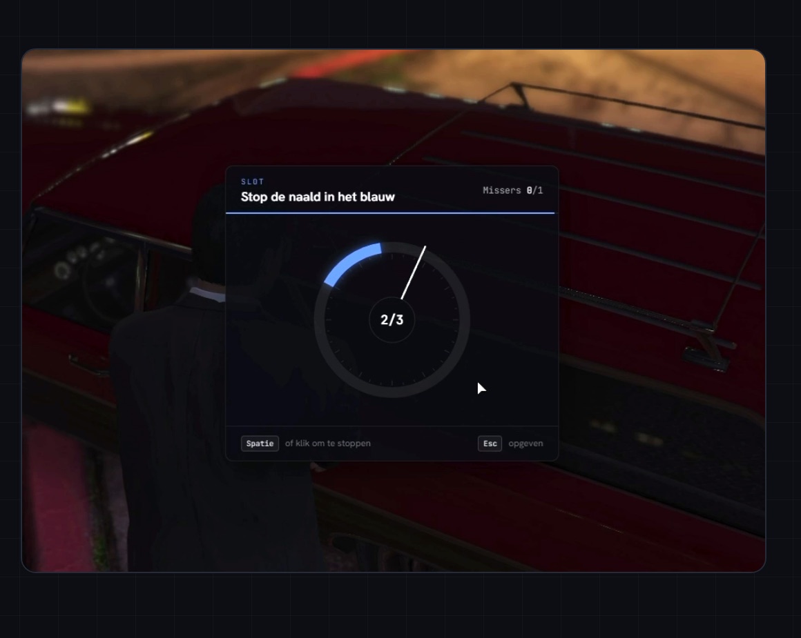 The lockpick skill check on the car door, two of three hits done