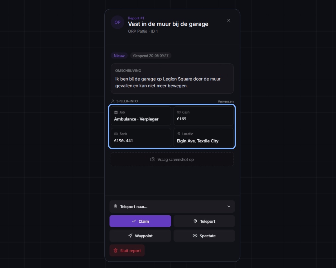 A report opened with the player’s job, cash, bank and location
